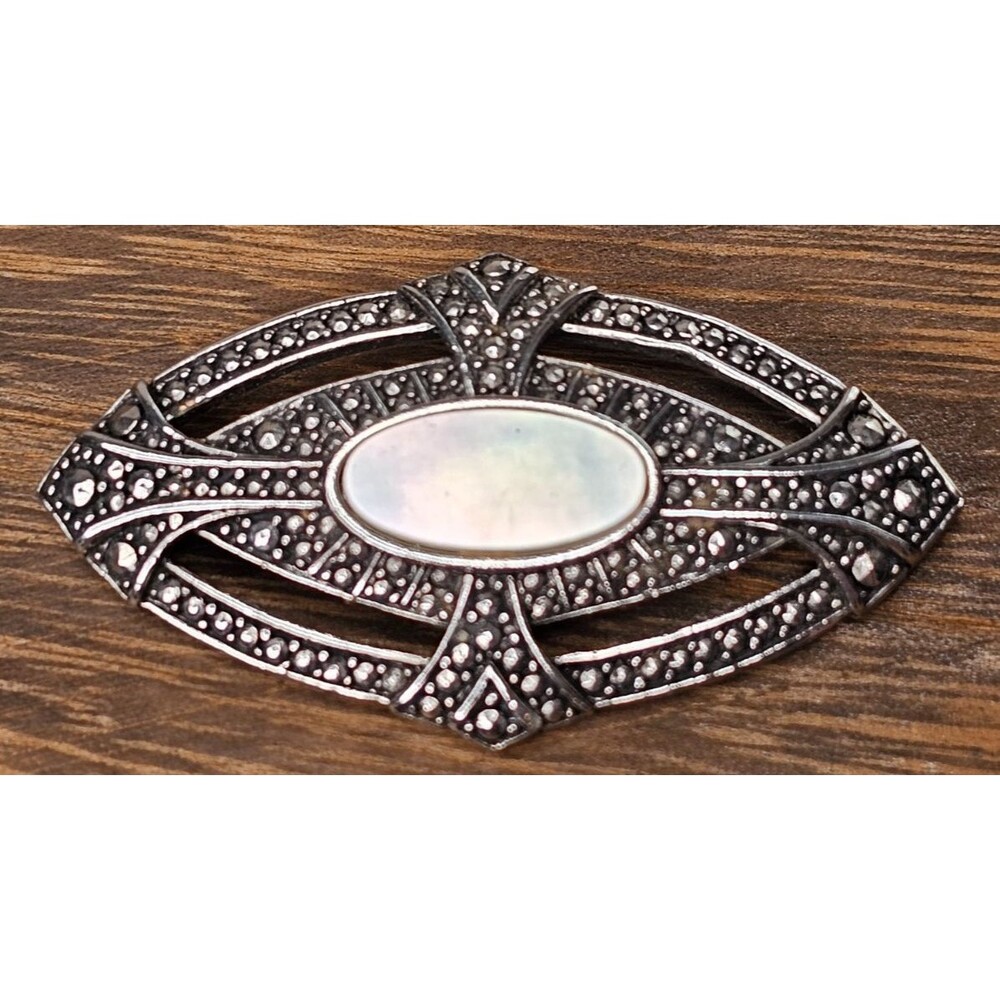 Vintage Geometric Silver Brooch with Yellow and Black Accents Art Deco Style
